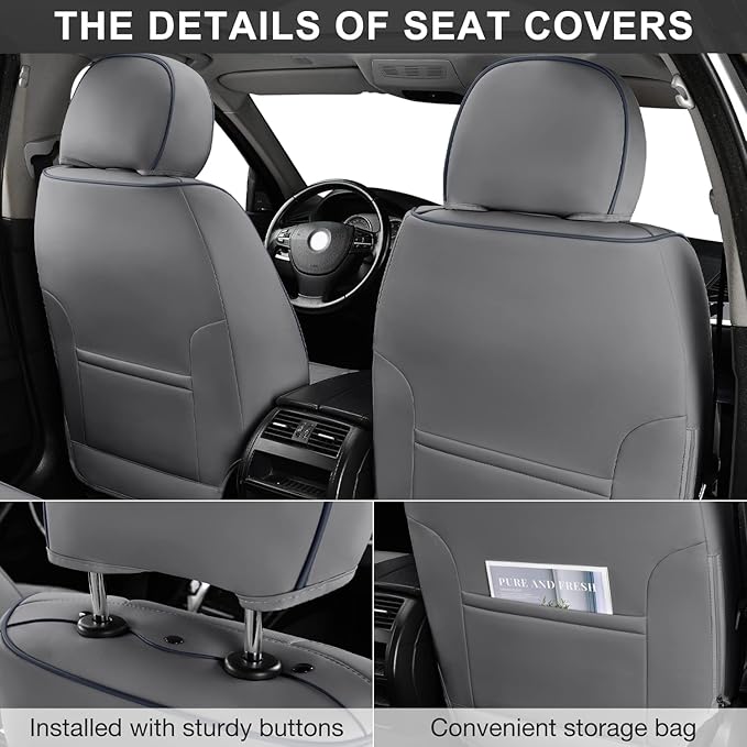 Gray Car Seat Covers Full Set, Breathable Leather Automotive Front and Rear Seat Covers & Headrest for Reduce The Driving Fatigue, Compatible with Most Vehicles, Cars