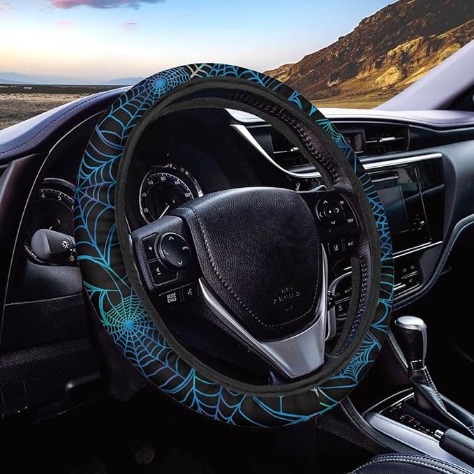 SEANATIVE Blue Cobweb Auto Steering Wheel Cover Auto Interior Protector Accessiores,Non-Slip Universal fit 15 inch, for Van Car Sedan SUV