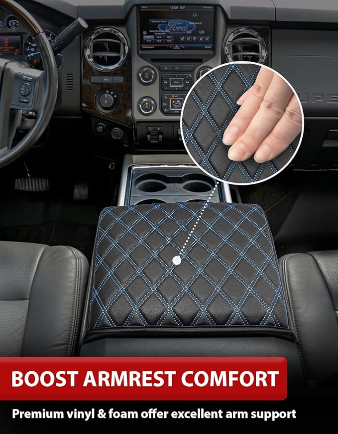 KBH Center Console Armrest Cover for Ford F250 F350 F450 F550 2011-2016, Auto Arm Rest Box Cushion Pad, PU Leather Trim, Anti-Scratch, Black-Blue Stitch (Fits Bucket Seat Only)