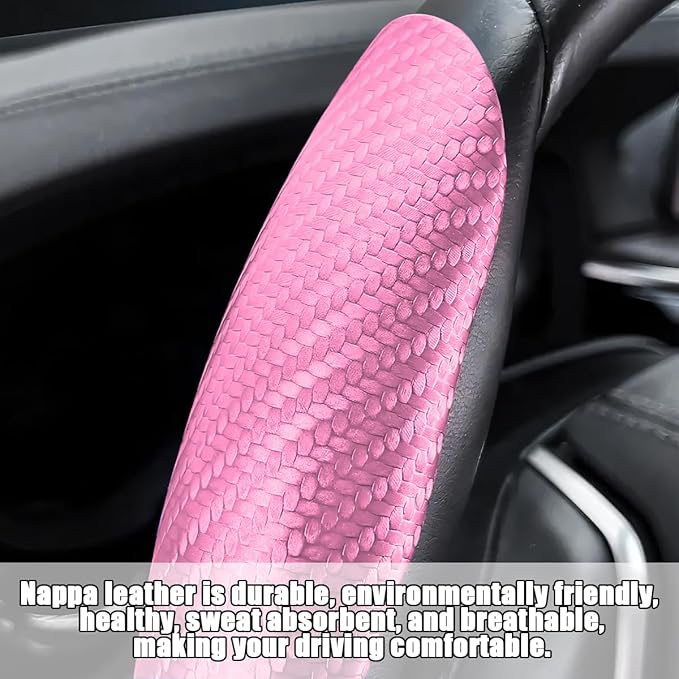 Mandark 3PCS Carbon Fiber Car Steering Wheel Cover, Anti-Skid Leather Vehicle Segmented Steer Wheel Protector, Auto Interior Protection Guard Accessories, Universal for Most Cars (Pink)