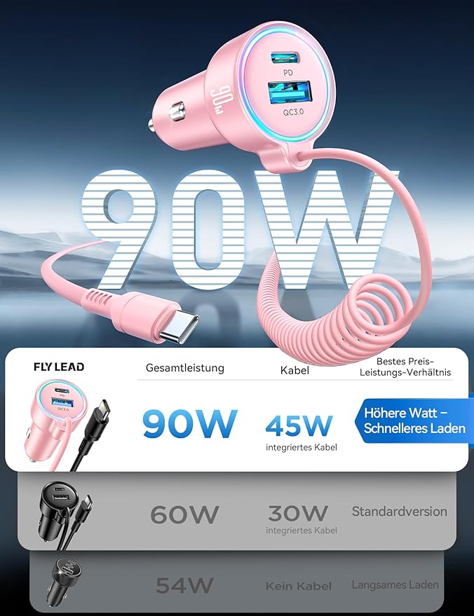 USB C 90W Car Charger for iPhone 17/16 Pro Max, PD & QC3.0 w/5 ft 45W Type C Coiled Cable, Fast Car Phone Charger Adapter for iPhone 17Air/15 Pro, Samsung Galaxy S25/S24/S23, Pixel 10/LG/Android, iPad