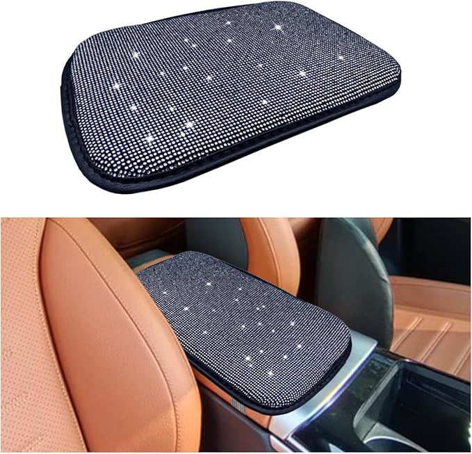 11.9''×8.4'' Bling Car Center Console Cover, Crystal Diamond Elbow Pillow Car Armrest Seat Box Cover, Soft Arm Rest Protective Cushion Pad for Women Girls, Auto Interior Decor for Car SUV (White)