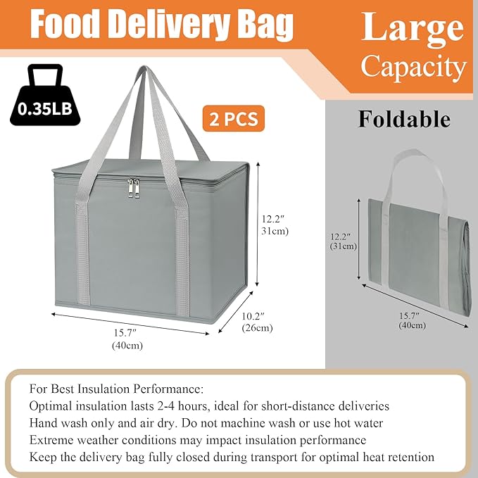 PEASUG 2 Pack Insulated Bags for Food Delivery, XL Pizza Delivery Bags, Large Capacity Cooler Bag Keep Food Warm for Grocery Shopping and Catering, Foldable, Heavy-Duty (Grey)