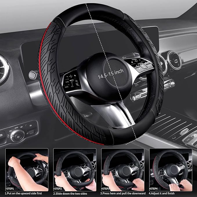 CAR PASS Leather Rubber Steering Wheel Cover Set,Tire Tread Pattern Design,Non-Slip Wear-Resistant,Equipped with Mobile Phone Holder and Non-Slip Cup Mat,Suitable for Steering Wheel 14.5-15”Black Red