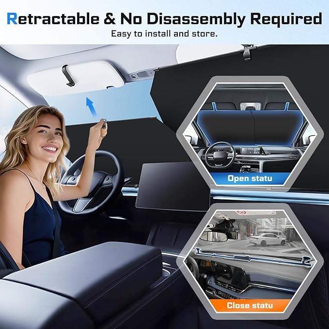 Retractable Windshield Sun Shade Automatic Sunshade for car with 99% UV Heat Protection, 420D Fabric Keep Cool & Protect Interior, Universal Adjustable Fit for Cars Trucks SUVs (Not for Large Trucks)