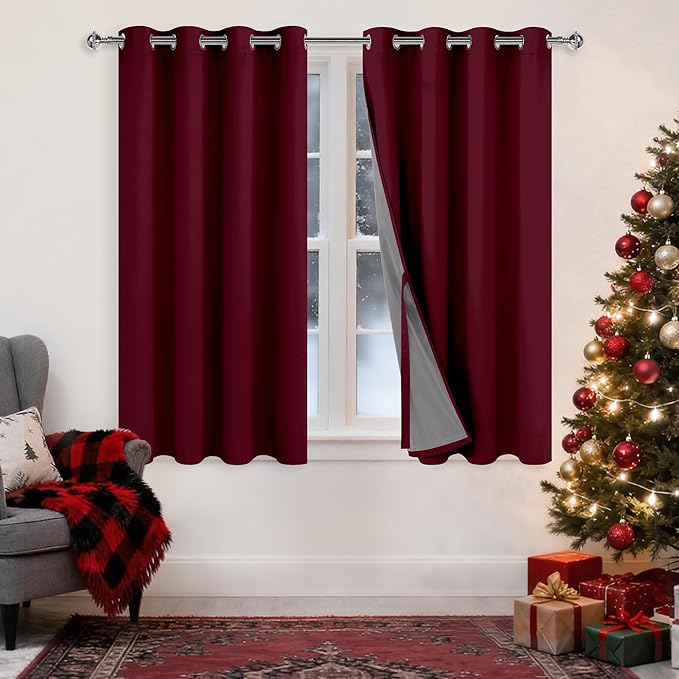 XWZO 100% Blackout Window Curtains - Thermal Insulated & Noise Reduction Black Liner Ring Top Window Treatment Sewn with Tiebacks for Bedroom/Living Room, Burgundy, W52 x L54, Set of 2