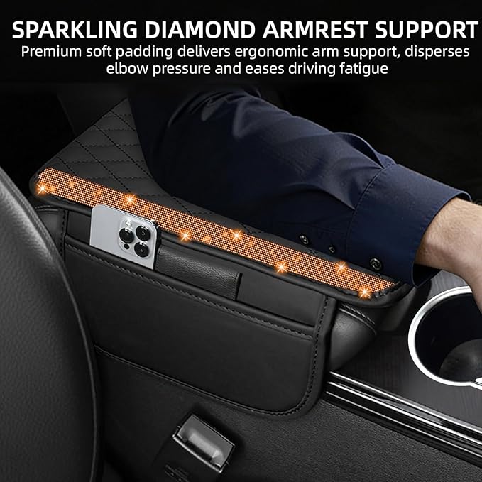 NBTEPEM Bling Car Center Console Cover, Leather Car Arm Rest Cover Cushion with 2 Storage Bags, Universal Auto Armrest Protector Storage Box, Bling Accessories Interior for Most Vehicles (Orange)