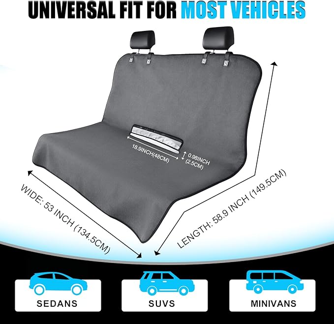 Universal Waterproof Terry Cloth Car Back Seat Cover - Heavy Duty Sweat Towel Rear Seat Protector for Post-Gym, Yoga, Beach, Pets & Kids - Machine Washable, Non-Slip Backing, Gray (55" x 29")