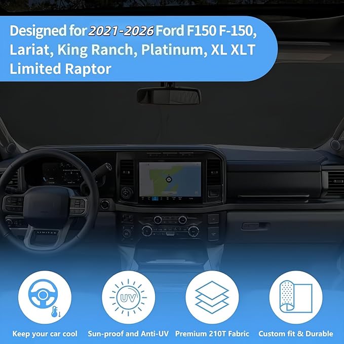 Windshield Sun Shade Custom Fit Ford F150 2021-2026 F-150 (Lariat, King Ranch, Platinum, XL XLT Limited Raptor) Truck Window Sunshade Cover Sun Visor Protector Heat Shield Pickup Accessories
