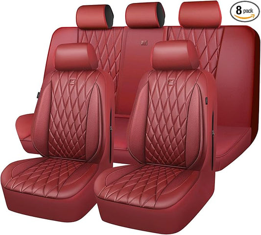 CAR PASS Piping Luxury Faux Leather Seat Covers Full Set, Premium Delux Anti-Slip Waterproof Automotive Seat Cover Universal Fit for Sedans Suvs Vans Trucks, Armrest & Airbag Compatible, Burgundy Red