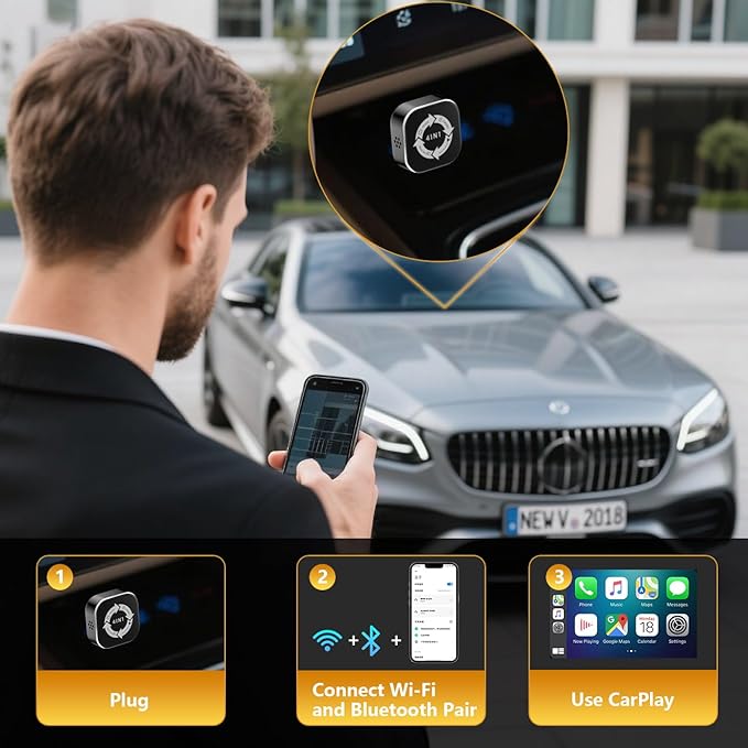 4 in 1 Wireless Carplay Adapter 2026 Upgrade, Ultra-mini Size USB Design Wired to Wireless Adapter for Apple Carplay & Android Auto & Airplay & Mirror Link, Plug and Play (Black)