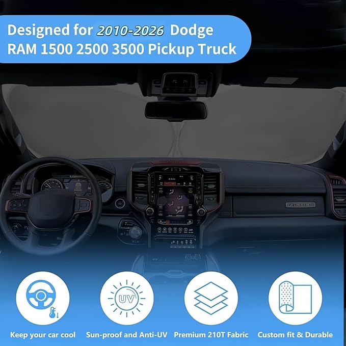 Car Windshield Sun Shade Custom Fit 2010-2026 Dodge RAM 1500 2500 3500 Truck Accessories Sunshade Foldable Sun Visor Protector Front Window Cover Fits 2Dr RegularCab, 4Dr QuadCab, CrewCab, MegaCab