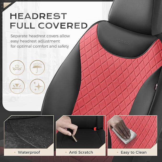 Coverado Front and Rear Seat Covers, 5 Packs Leather Seat Covers for Cars, Car Seat Protectors with Splicing Design，Universal Car Seat Cushions Waterproof Seat Covers Fit for Most Cars, Black & Red