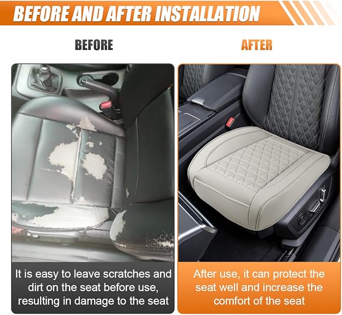 Luxury Faux Leather Car Seat Cover, Anti-Slip Waterproof Universal Front Bottom Seat Protector with Storage Pocket, Triangular Pattern Vehicle Seats Cushion for Sedans, SUVs, Trucks (Grey)