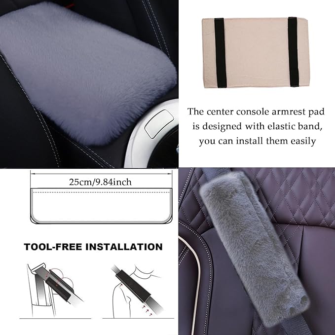 ZYNQACC 9 Pack Cute Bear Fluffy Car Accessories for Women Girls,Kawaii Fuzzy Steering Wheel Cover Universal 15 inch Plush Cute Ears
