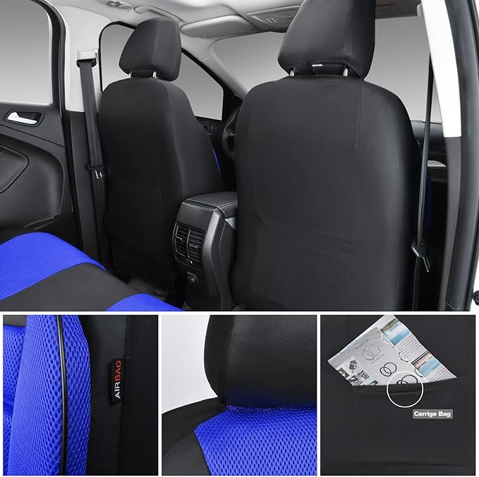 CAR PASS Leather 3D Foam Back Support Car Seat Covers Full Set Air Mesh Automotive Seat Covers, All Season Car Seat Cover Fit Automotive,SUV,Sedan,Van, Airbag Compatible Elegance(Black and Blue Royal)