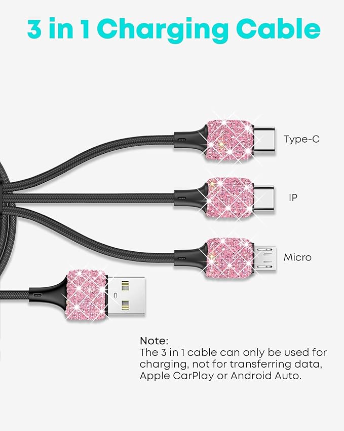 Bling USB Car Charger 5V 2.4A Pink Crystal Decor Dual Port Fast Adapter with 4ft Nylon Type C Micro USB 3 in 1 Multi Charging Cable for iPhone iPad Android, Auto Interior Accessories for Women