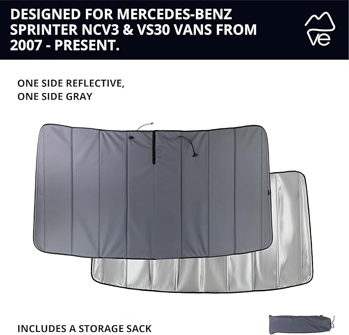VanEssential Insulated Reflective Blackout Window Cover Designed for Mercedes-Benz NCV3 & VS30 (Van Years 2007 to Current), Front Windshield, Charcoal Gray Reflective