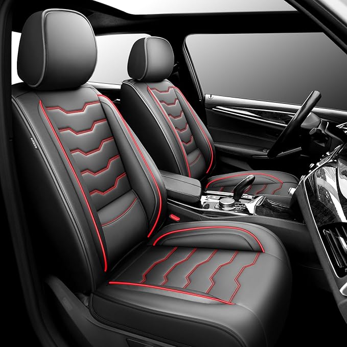 Fit Tucson Car Seat Covers Premium Leather for Hyundai Tucson 2010-2025 2026. Waterproof， Breathable, Scratch-Resistant & All-Weather Seat Cushion Protector (Front Seat, Red Line Black)
