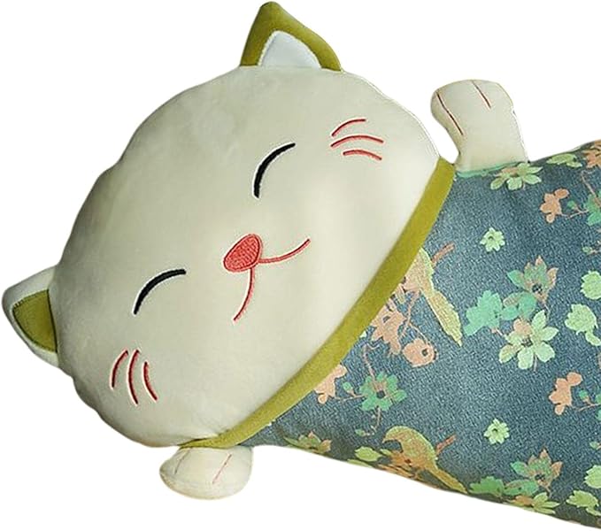 Lucky Cat Pillow Seat Cushion Detachable Belt Waist Cushion Lumbar Support Cushion for Car, Green