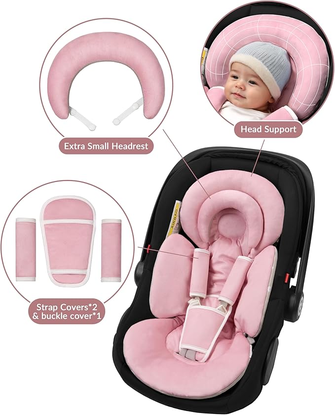 Infant Car Seat Insert with Extra Cushion for Preemie to Toddler, Reversible Newborn Carseat Insert for Baby Head Body Support, Fits for Stroller, Baby Swing, Bouncer (Pink)