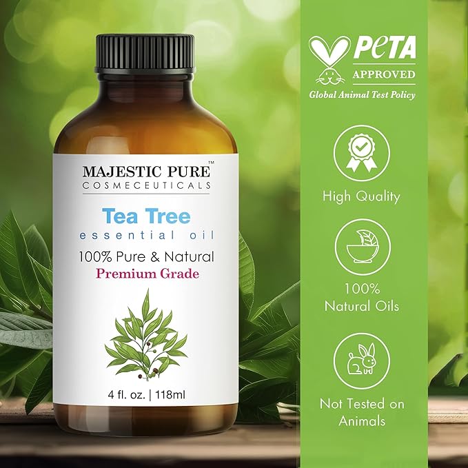 Majestic Pure Essential Oil with Glass Dropper - 100% Pure and Natural - Essential Oils for Diffuser, Aromatherapy, Soap and Candle Making, Tea Tree Essential Oil, Tea Tree Oil, 4 Fl Oz