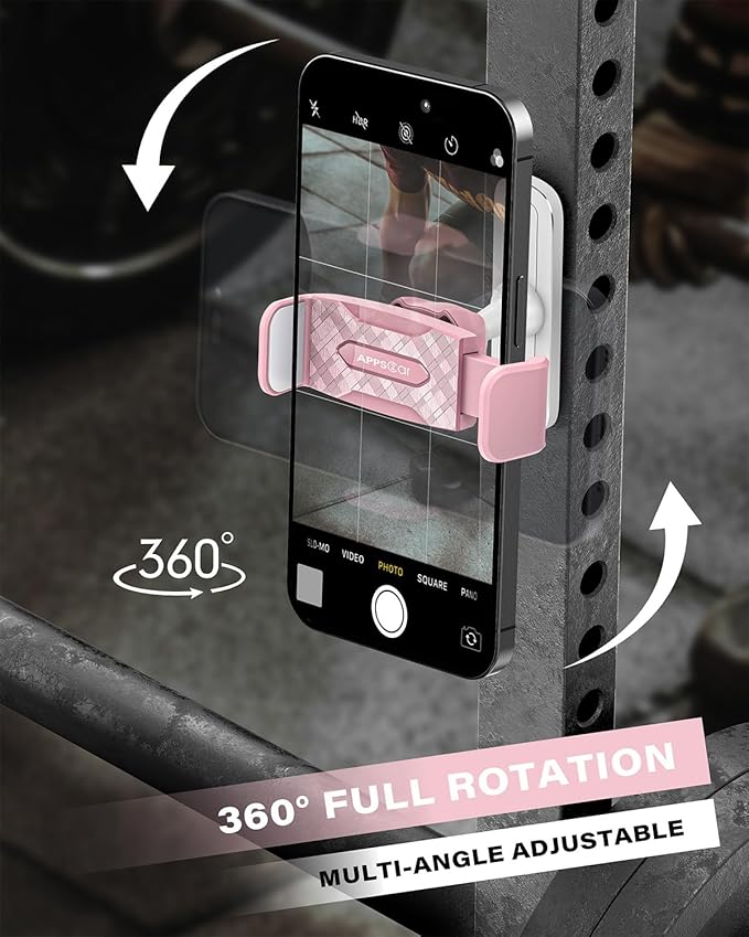 APPS2Car Gym Magnetic Phone Holder, 360 Adjustable, Compatible with 4.7-6.5" Smartphones, Alloy Base and Joint, Gym Accessories for Women, Pink