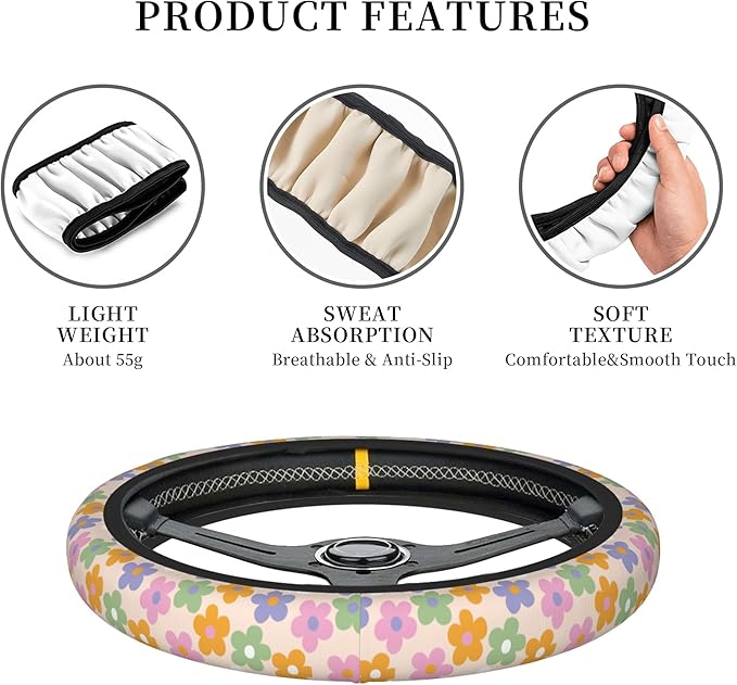 Flowers Floral Steering Wheel Cover Cute Universal 15 Inch Car Accessories Protector for Women Fit Auto SUV Sedan Vans Trucks