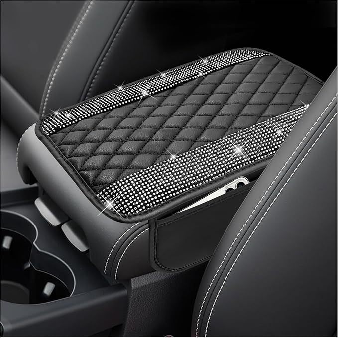 Sun Walker Bling Car Center Console Cover, Anti-Scratch Car Armrest Seat Box Cushion Pad with 2 Storage Bags, Leather Middle Console Protector Crystal Interior Accessories for Most Cars (White)