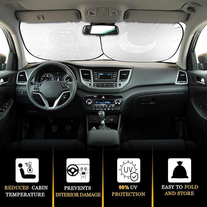 2 PCS Star Moon Windshield Sun Shade for Car Foldable Window Covers for Car Accessories Reflect UV Sun Heat Protector for Universal Cars SUV Truck(Classic Style)