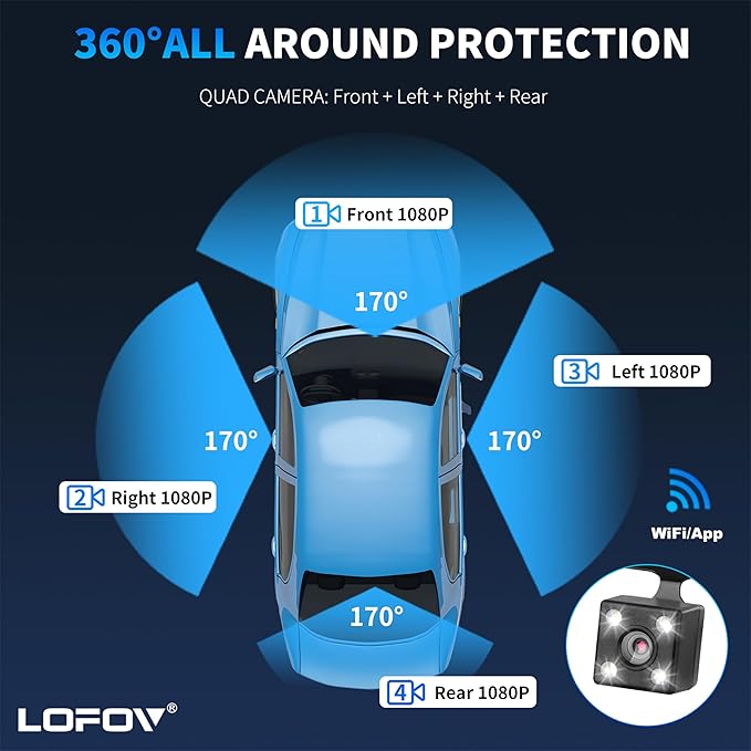 4 Channel Dash Cam 360° View, 2K Front and Rear Inside, Left Right Dash Camera for Cars, 8 IR Lamps Night Vision, 5G WiFi & APP Control, G-Sensor, Parking Mode, with a Free 64GB SD Card