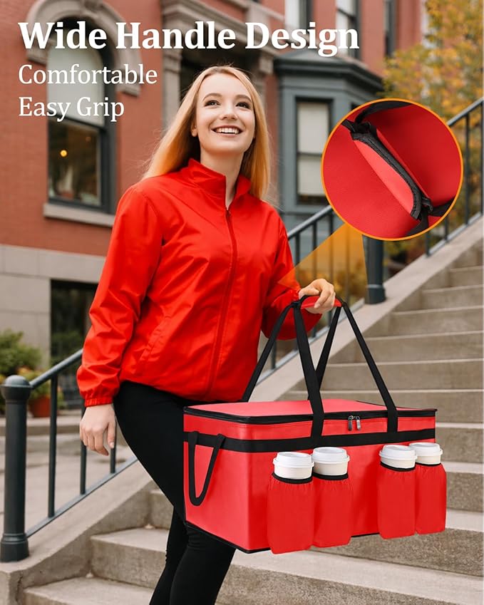 Bodaon Insulated Grocery Bags with 4 Cup Holders -Insulated Bags for Food Delivery with Zippered Top, Food Carrier for Catering, Pizza Bag and Cooler Bag for Takeout, Picnic, Shopping, Car Use