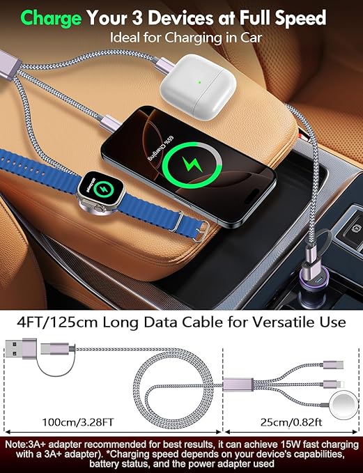 2Pack Multi Charging Cable Cord for Travel Vacation Essentials,Apple Watch Charger,iPhone 17 Charger,[3-in-2] USB A/Type C/Lightning Cable for iWatch,iPhone 17-11,Xbox Series X&S,Airpods,Home,Office