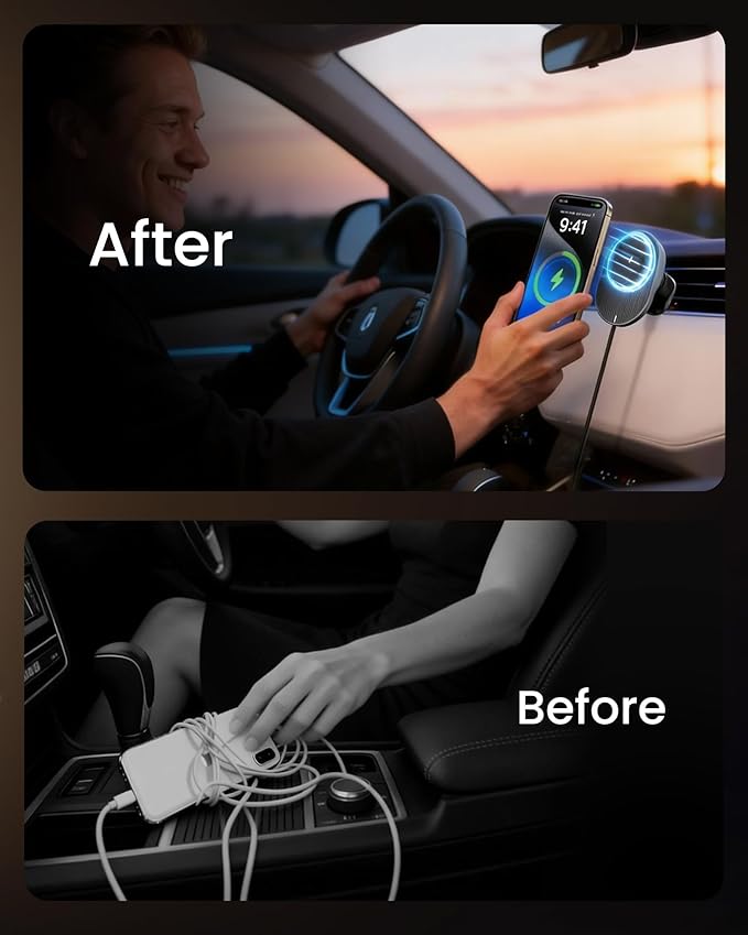 for MagSafe Car Mount Charger, 15W Fast Wireless Cars Charger with Retractable Charging Cable, Magnetic Car Phone Holder for iPhone 17/16/15/14/13/12 Series (Plus & Mini) (Black)