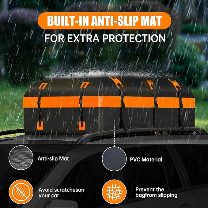 Car Rooftop Cargo Carrier Bag, 30 Cubic Feet Waterproof Soft-Shell Car Roof Bag for All Vehicle with/Without Rack, Include Anti-Slip Mat, Reinforced Straps, Door Hooks Luggage Lock (Orange)