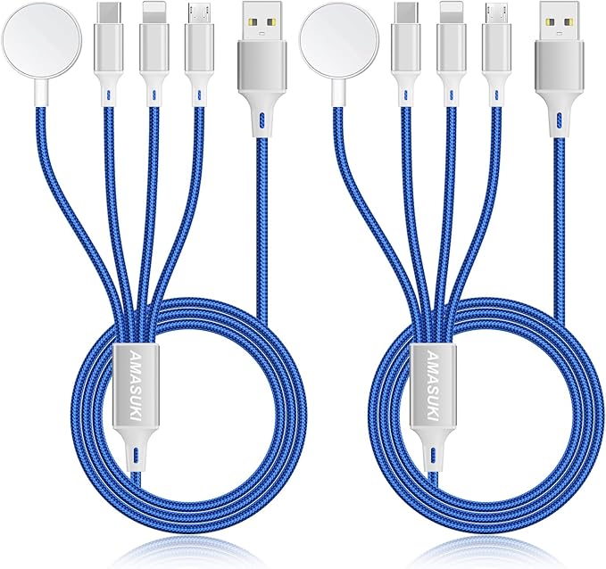 2Pack Multi Charging Cable for Apple Watch Charger 4 in 1 Travel Essentials RV Camping Essentials USB C/L/Micro Compatible with iWatch Series 11-1/iPhone 17/16/15/Android Airplane Gadgets-4FT/Blue