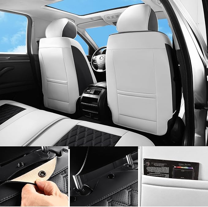 Car Seat Covers Full Set, Luxury Leather Waterproof Non-Slip Seat Protector Universal Fit for Most Cars SUVs Trucks Pick-ups,White and Black Car Accessories Interior(Full Set White)