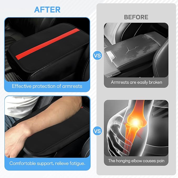 wuyaoyao Car Center Console Cover, 12.6"×7.87" PU Leather Armrest Cover for Cars, Stylish Auto Armrest Cushion Pad, Waterproof Vehicle Arm Rest Protector, Interior Car Accessories (Black+Red)