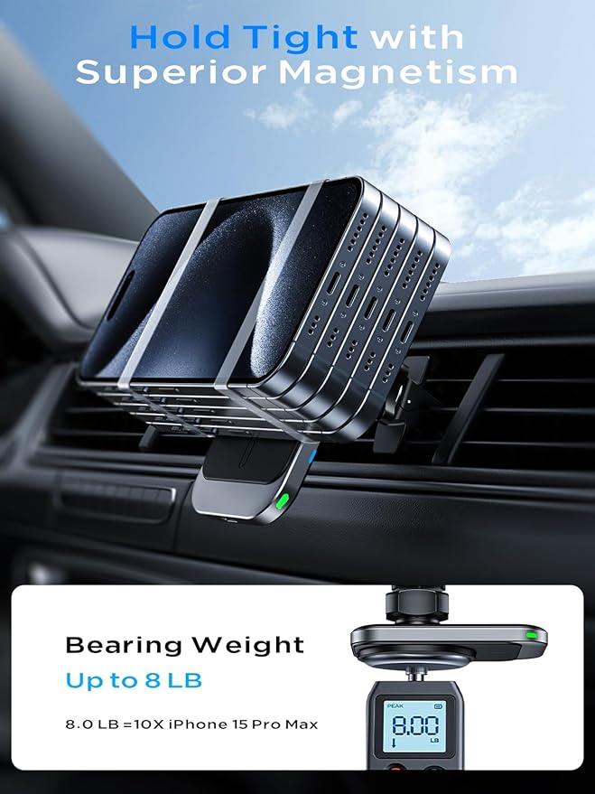 Hinyx for MagSafe Car Mount Charger, 15W Magnetic Wireless Car Charger Vent Dash Charging Phone Holder Mount for iPhone 15 14 13 12 11 Pro Max Plus Mini Xr Xs, Samsung, Google, LG, etc