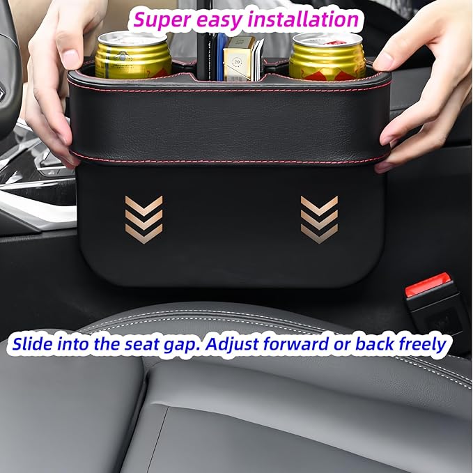 Car Cup Holder Expander & Seat Gap Filler - PU Leather Cover with Stitching, Multifunctional Front Seat Organizer, for Car Truck Van, Holds Large Cups and Phones,Prevent Dropping Items (1Pack, Black)