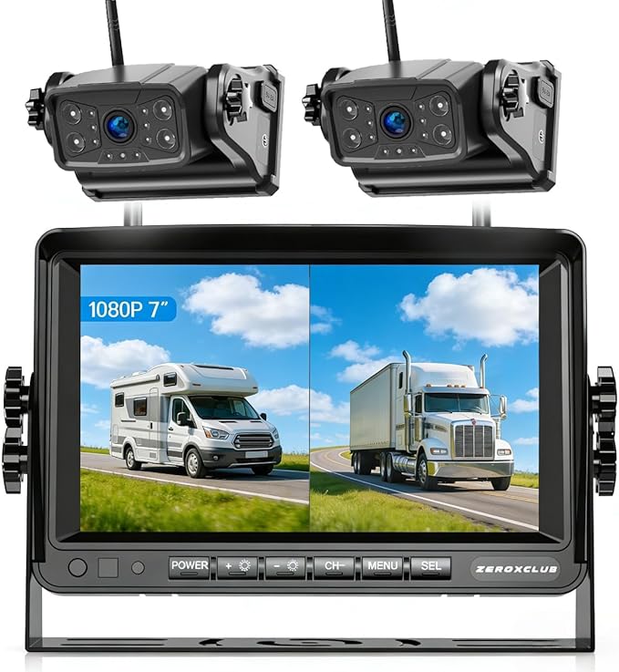 ZEROXCLUB Magnetic Wireless RV Backup Camera System: 7" HD 1080P DVR Monitor with 2-Rear Camera, DVR Monitor & IR Night Vision, Portable Rechargeable Camera for RV/Trailer/Fifth Wheels/Camper BC702