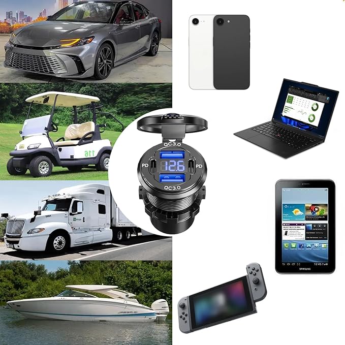 Dual PD USB C Ports & Dual Quick Charge 3.0 Ports Car Charger Socket, VANONE Aluminum Alloy Waterproof 12V USB Outlet, Accessories for Car Boat Marine Motorcycle RV ATV Truck Golf Cart, etc