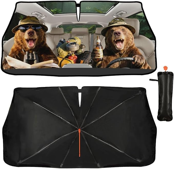CHILL·TEK Funny Car Windshield Sun Shade Umbrella, Funny Bear Car Sun Shade Umbrella, Block UV Rays Heat Foldable Windshield Umbrella Sun Visor Protector - Keep Vehicle Cool for Cars SUV