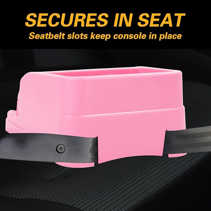 Big Plastic Console for Cars, Trucks, Minivans, SUVs with 2 Adjustable Drink Cup Holders pad Book Holder, Back Bench and Front Seat or Floor Middle Console Universal Vehicle Organizer Pink