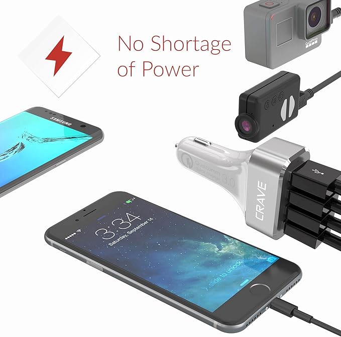 Crave CarHub 54W 4 Port USB Car Charger, Qualcomm Quick Charge 3.0 - White