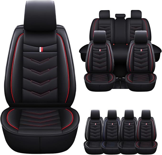 Car Seat Cover for Ford Explorer 2000-2025, Waterproof Durable Compatible Airbag, Premium Leather Seat Protector(5 Seats Standard,Black Red)