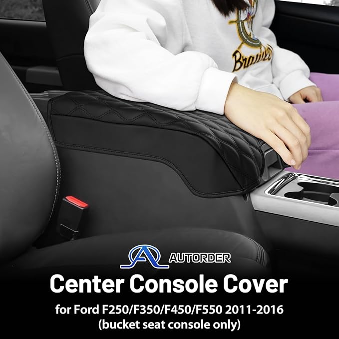 Autorder Center Console Cover for 2011-2016 Ford F250/F350/F450/F550 Accessories Armrest Cushion Cover Leather Middle Console Covers Anti-Scratch Armrest Pad for Pet (Bucket Seat Only)
