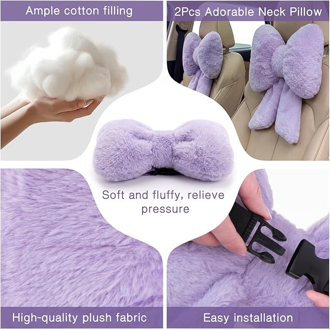Macarrie 2 Pcs Car Neck Pillow Plush Butterfly Bow Car Headrest Pillow Comfortable Seat Neck Support Cute Head Rest Accessories for Driving Travel Driver Chair Girl Style Interior Decor (Purple)