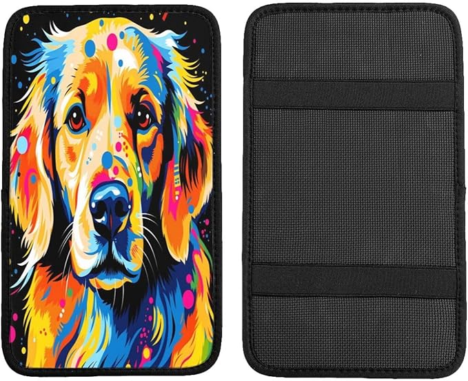 Graffiti Colorful Golden Retriever Dog Car Handrail Box Cushion Armrest Cover Auto Center Console Pad Car Decor 12.6X7.5 in