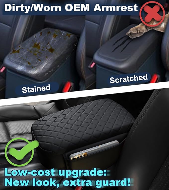 Armrest Cover for Ford Maverick 2022 2023 2024 2025 Center Console Pad with Organizer Storage Pockets, Black Faux Leather Arm Rest Lid Protector Cushion Interior Accessories